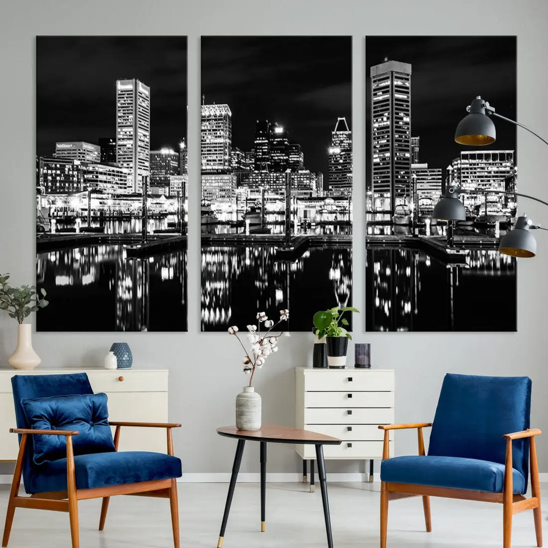 Black and White Baltimore Downtown Skyline Canvas Print Wall Art Ready to Hang