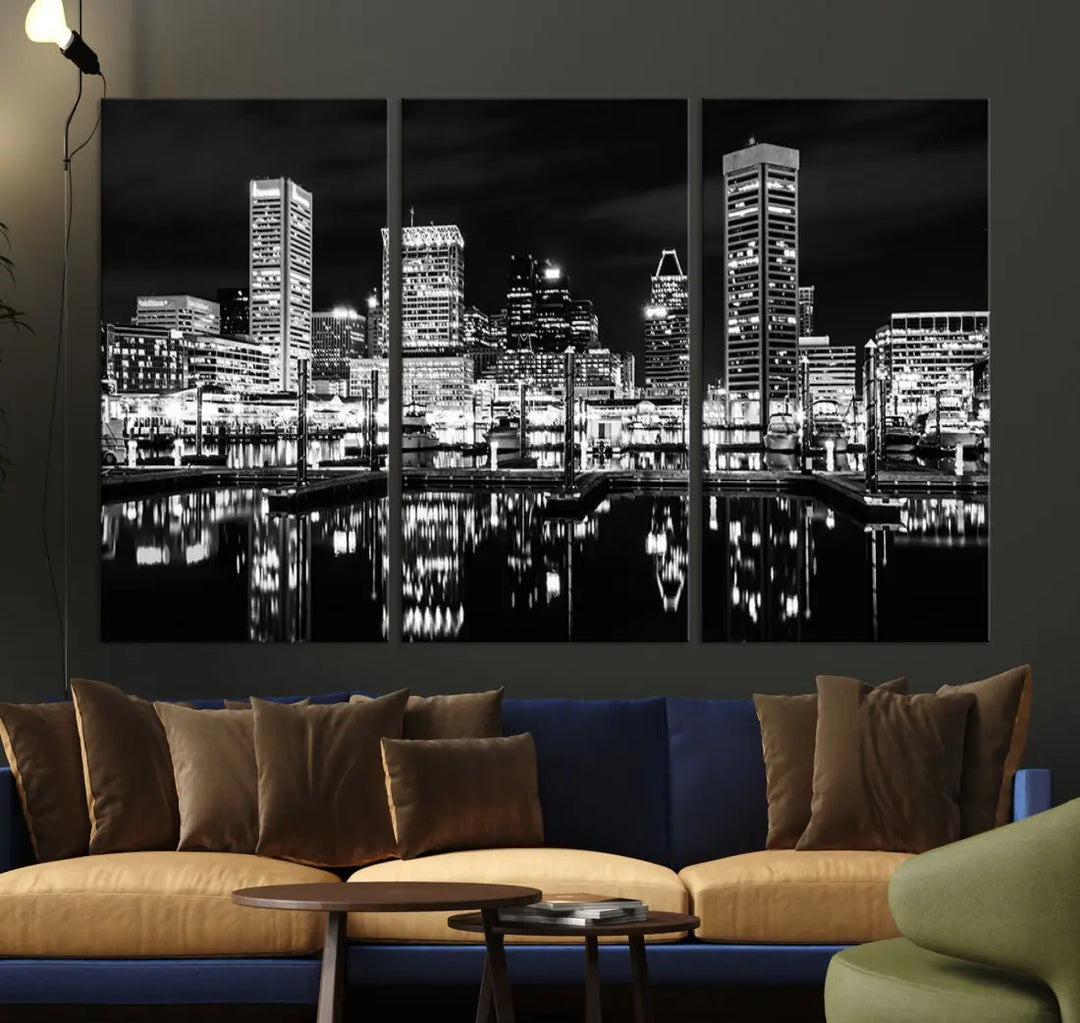 Black and White Baltimore Downtown Skyline Canvas Print Wall Art Ready to Hang