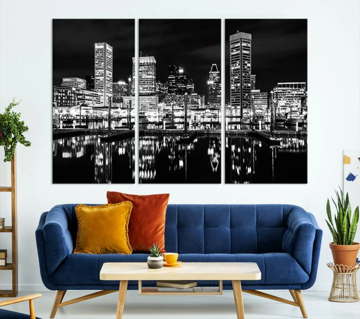 Black and White Baltimore Downtown Skyline Canvas Print Wall Art Ready to Hang