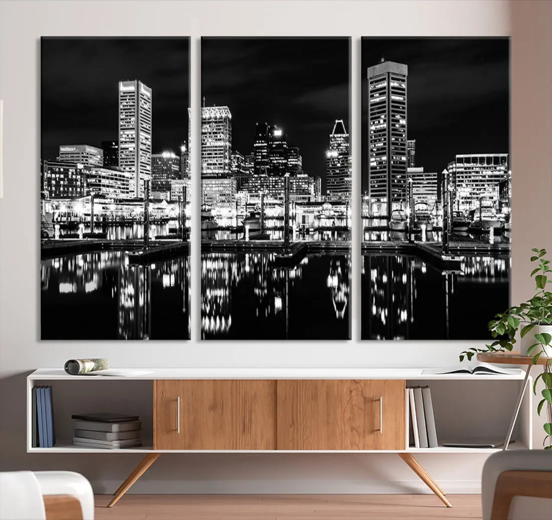 Black and White Baltimore Downtown Skyline Canvas Print Wall Art Ready to Hang