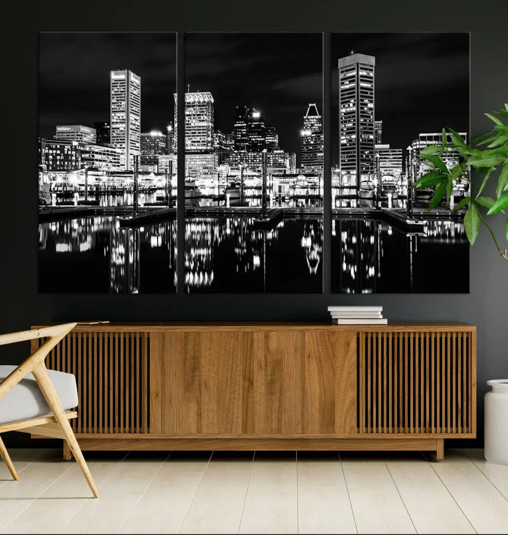 Black and White Baltimore Downtown Skyline Canvas Print Wall Art Ready to Hang