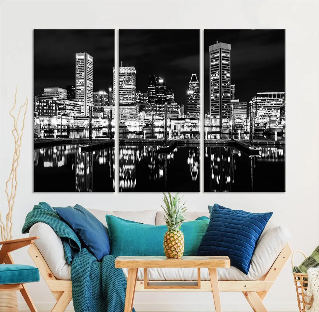 Black and White Baltimore Downtown Skyline Canvas Print Wall Art Ready to Hang