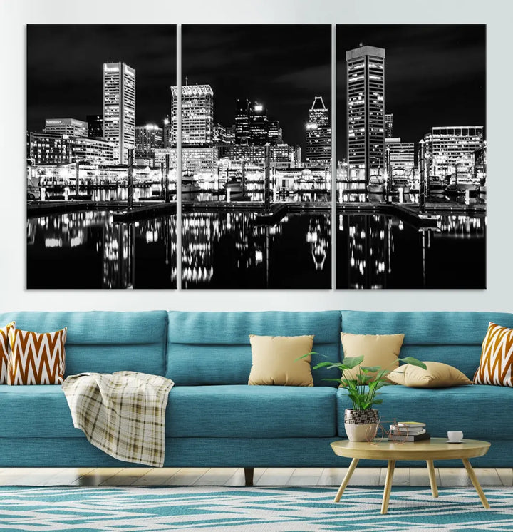 Black and White Baltimore Downtown Skyline Canvas Print Wall Art Ready to Hang