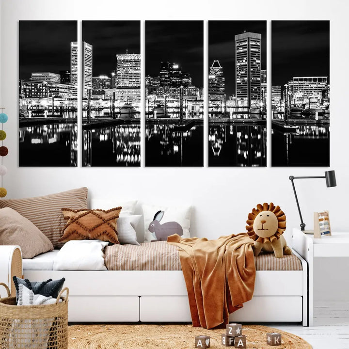 Black and White Baltimore Downtown Skyline Canvas Print Wall Art Ready to Hang