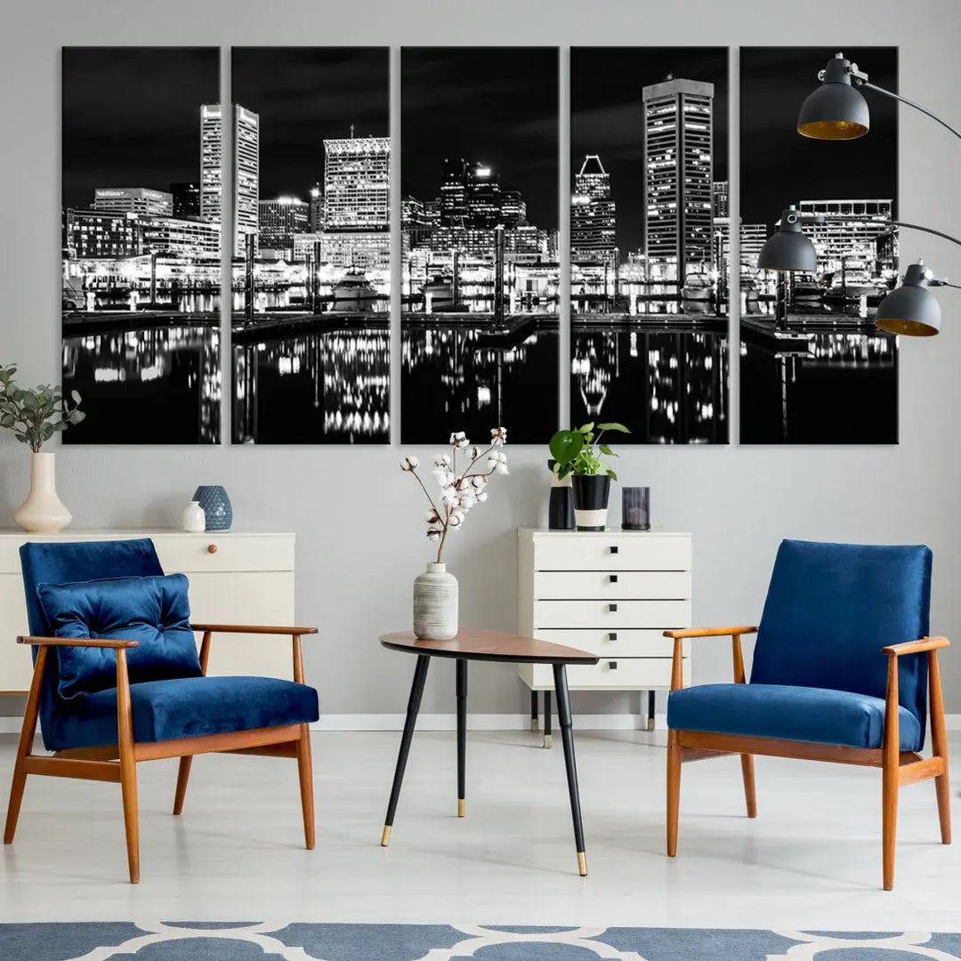 Black and White Baltimore Downtown Skyline Canvas Print Wall Art Ready to Hang