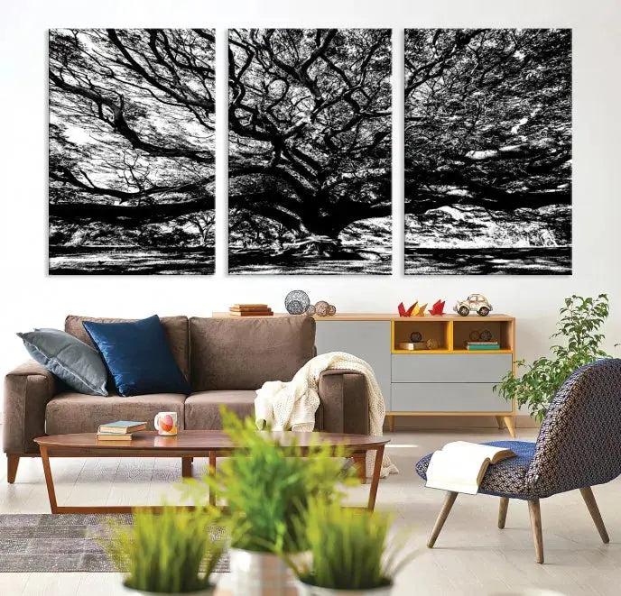 Black and White Big Oak Tree Canvas Wall Art Nature Print Wall Decor