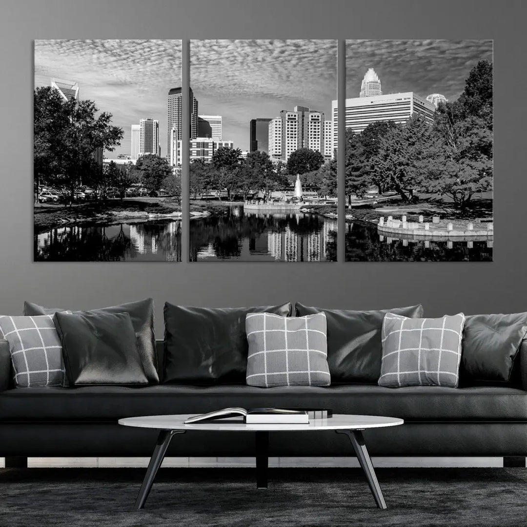 Black and White Charlotte City Cloudy Skyline Canvas Art Print Wall Decor