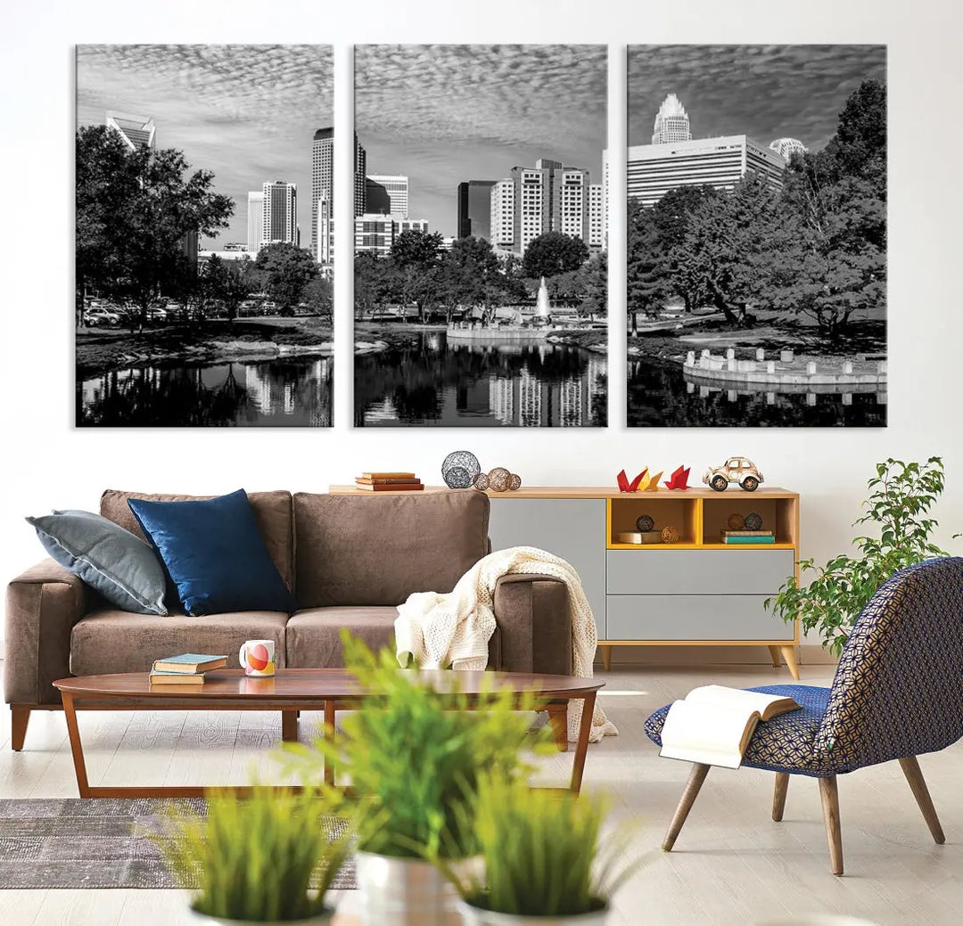 Black and White Charlotte City Cloudy Skyline Canvas Art Print Wall Decor