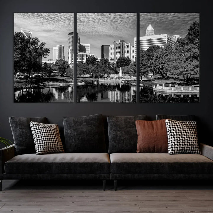 Black and White Charlotte City Cloudy Skyline Canvas Art Print Wall Decor