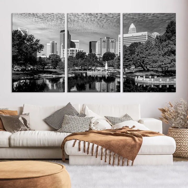 Black and White Charlotte City Cloudy Skyline Canvas Art Print Wall Decor