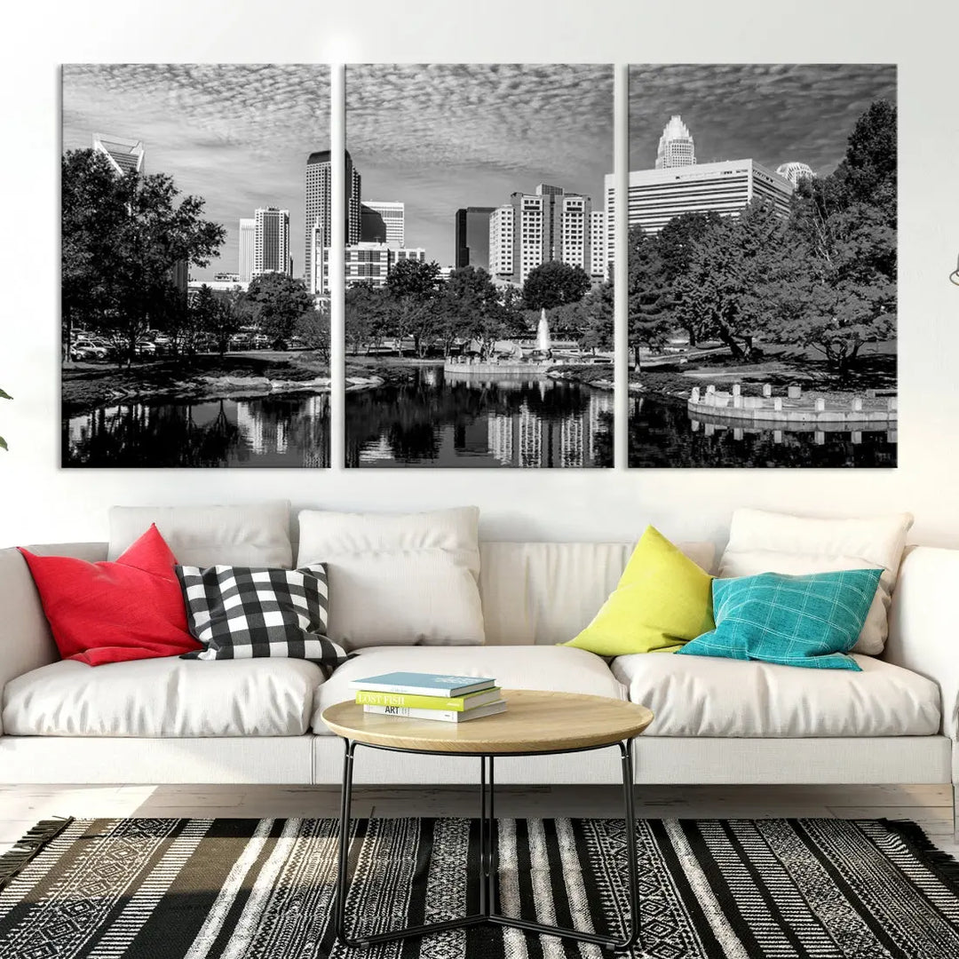 Black and White Charlotte City Cloudy Skyline Canvas Art Print Wall Decor