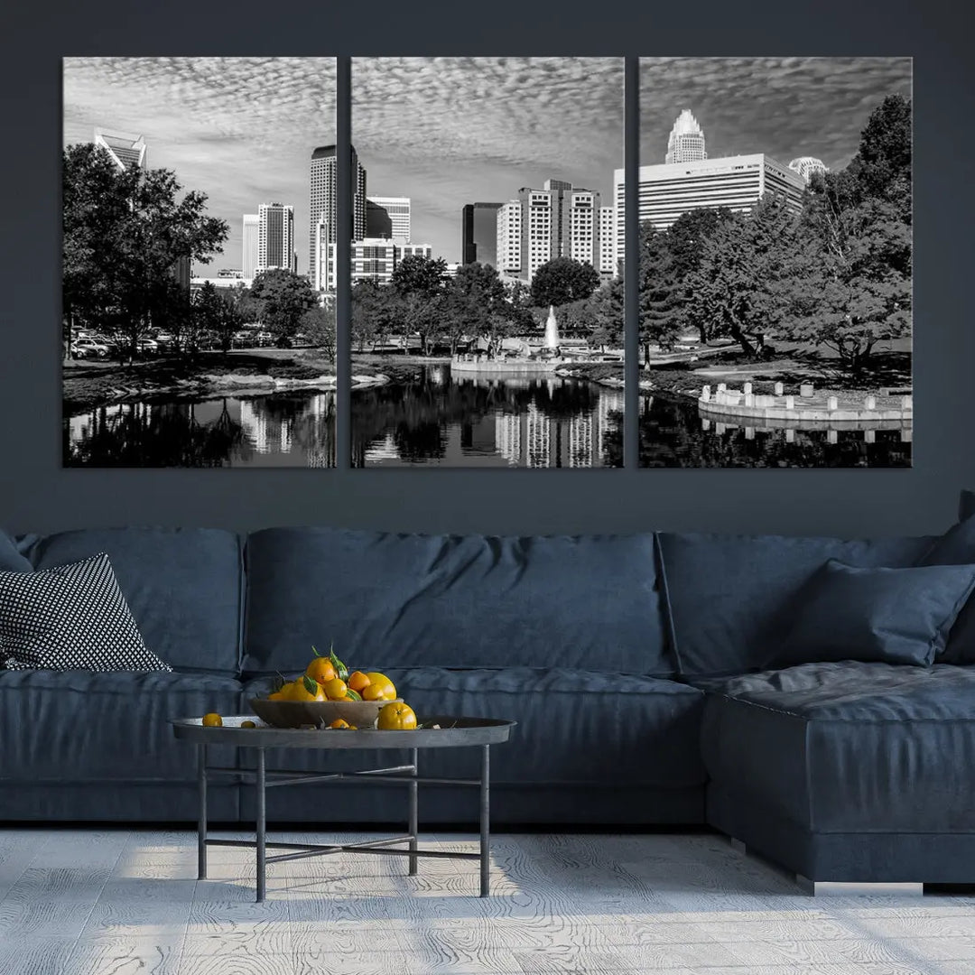 Black and White Charlotte City Cloudy Skyline Canvas Art Print Wall Decor