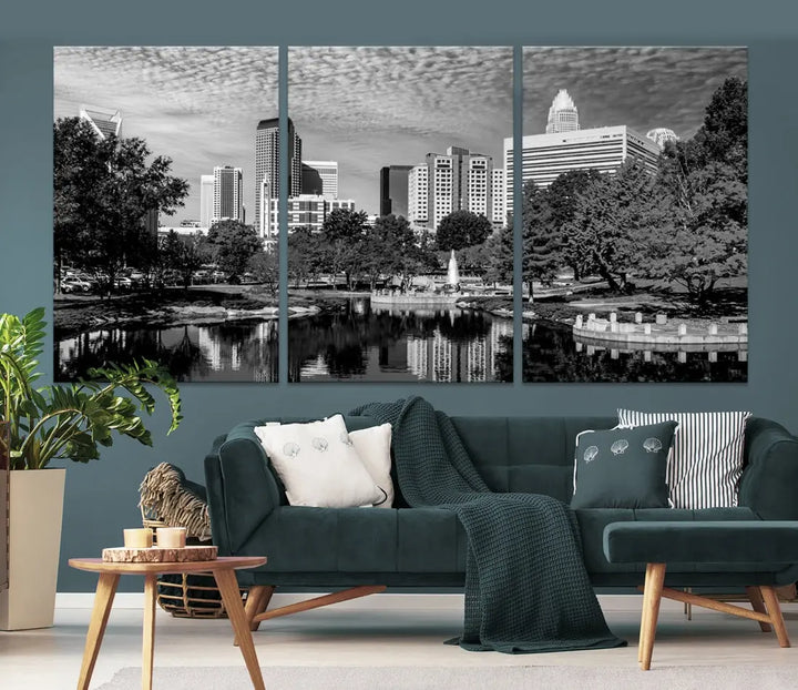 Black and White Charlotte City Cloudy Skyline Canvas Art Print Wall Decor