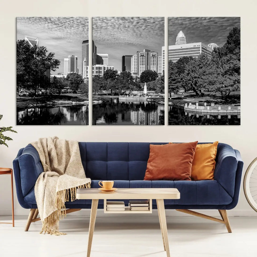 Black and White Charlotte City Cloudy Skyline Canvas Art Print Wall Decor