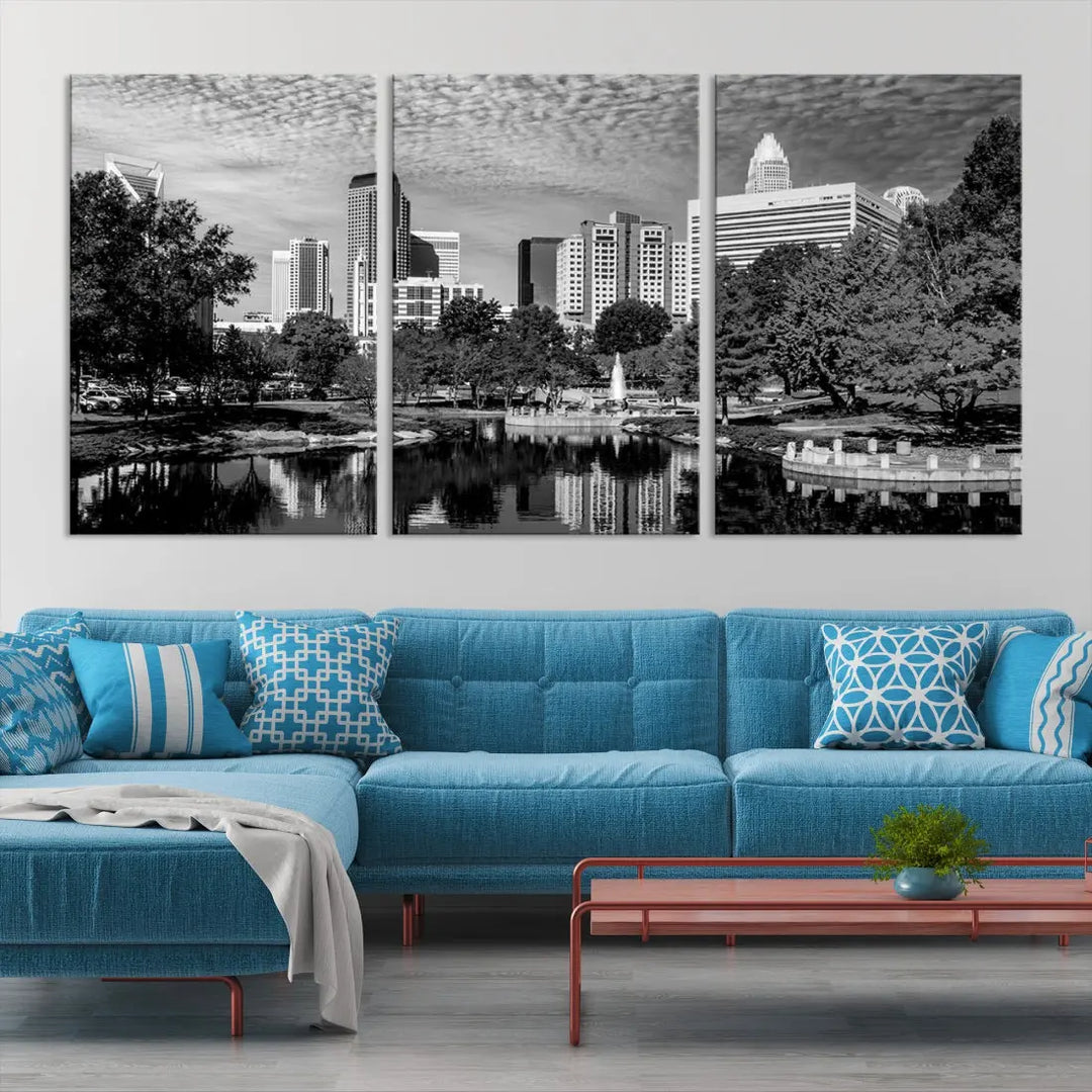 Black and White Charlotte City Cloudy Skyline Canvas Art Print Wall Decor