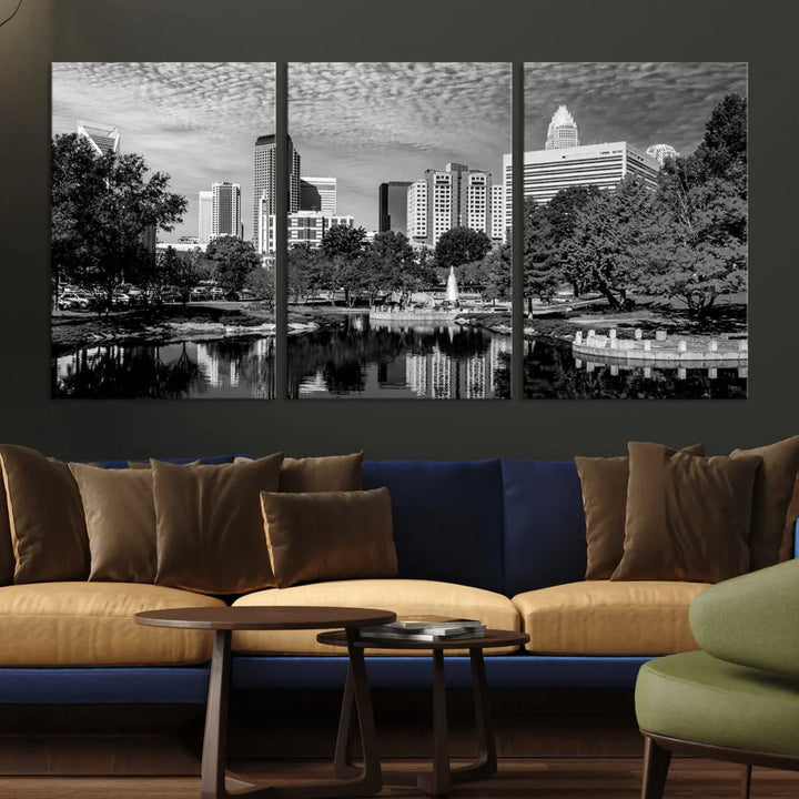 Black and White Charlotte City Cloudy Skyline Canvas Art Print Wall Decor