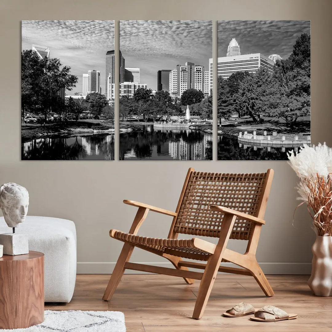 Black and White Charlotte City Cloudy Skyline Canvas Art Print Wall Decor