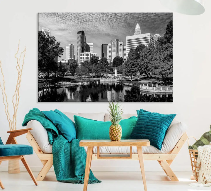 Black and White Charlotte City Cloudy Skyline Canvas Art Print Wall Decor