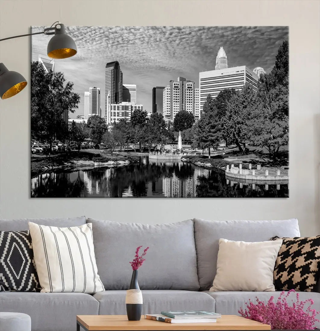 Black and White Charlotte City Cloudy Skyline Canvas Art Print Wall Decor