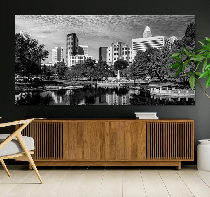 Black and White Charlotte City Cloudy Skyline Canvas Art Print Wall Decor