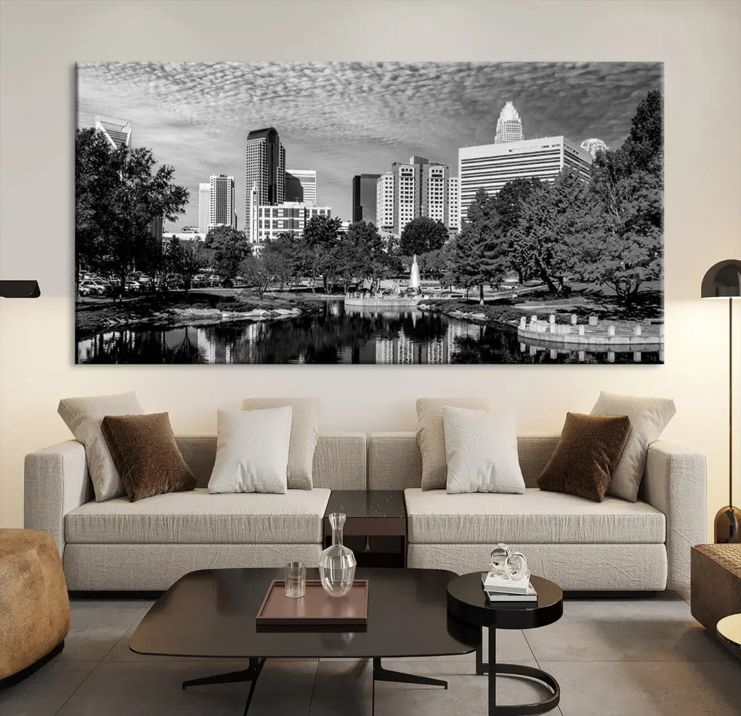 Black and White Charlotte City Cloudy Skyline Canvas Art Print Wall Decor