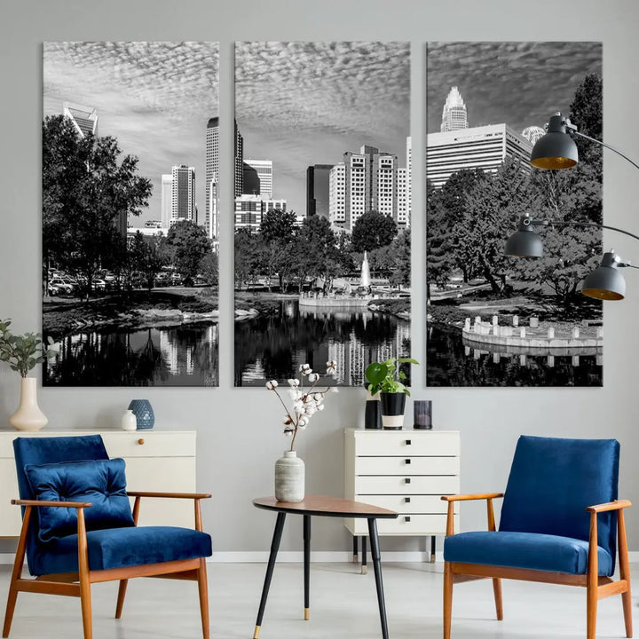 Black and White Charlotte City Cloudy Skyline Canvas Art Print Wall Decor