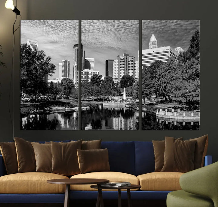 Black and White Charlotte City Cloudy Skyline Canvas Art Print Wall Decor