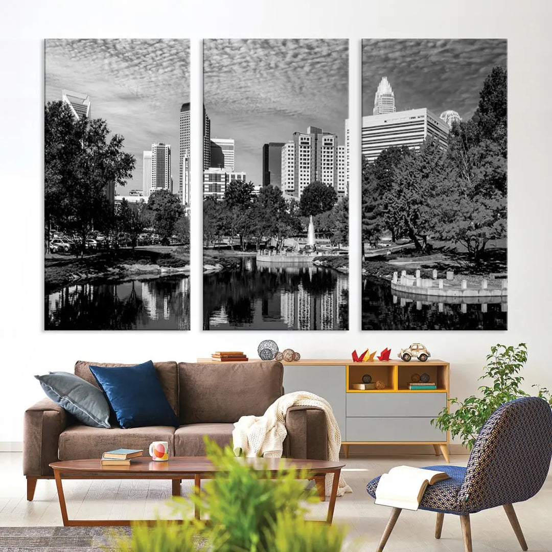 Black and White Charlotte City Cloudy Skyline Canvas Art Print Wall Decor