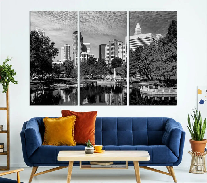 Black and White Charlotte City Cloudy Skyline Canvas Art Print Wall Decor