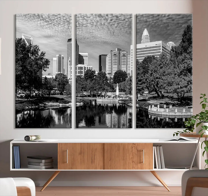 Black and White Charlotte City Cloudy Skyline Canvas Art Print Wall Decor