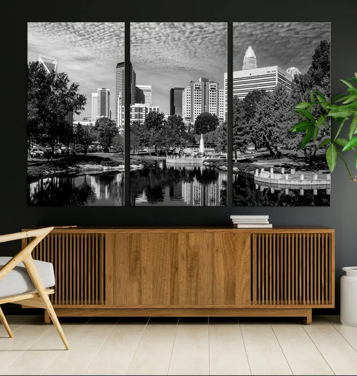 Black and White Charlotte City Cloudy Skyline Canvas Art Print Wall Decor