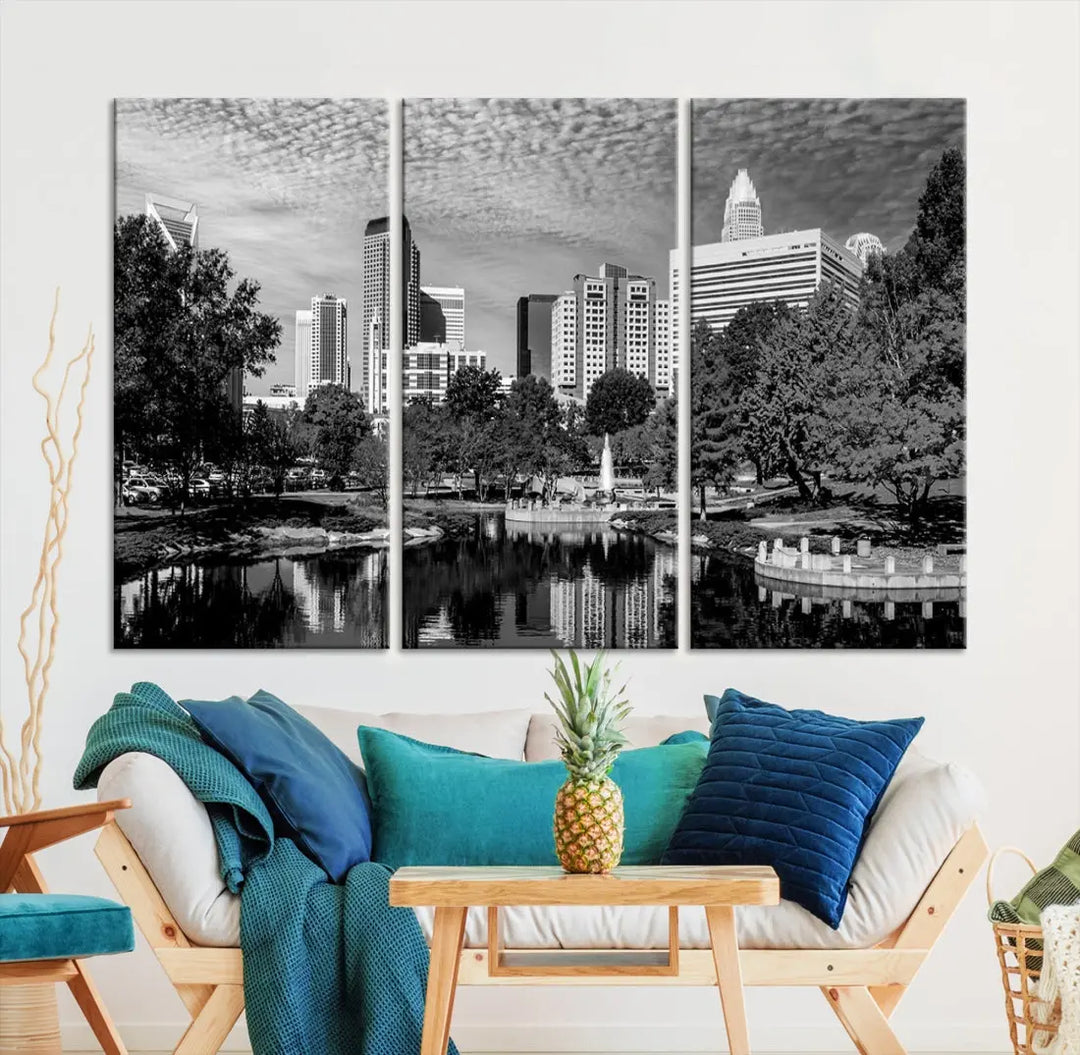 Black and White Charlotte City Cloudy Skyline Canvas Art Print Wall Decor