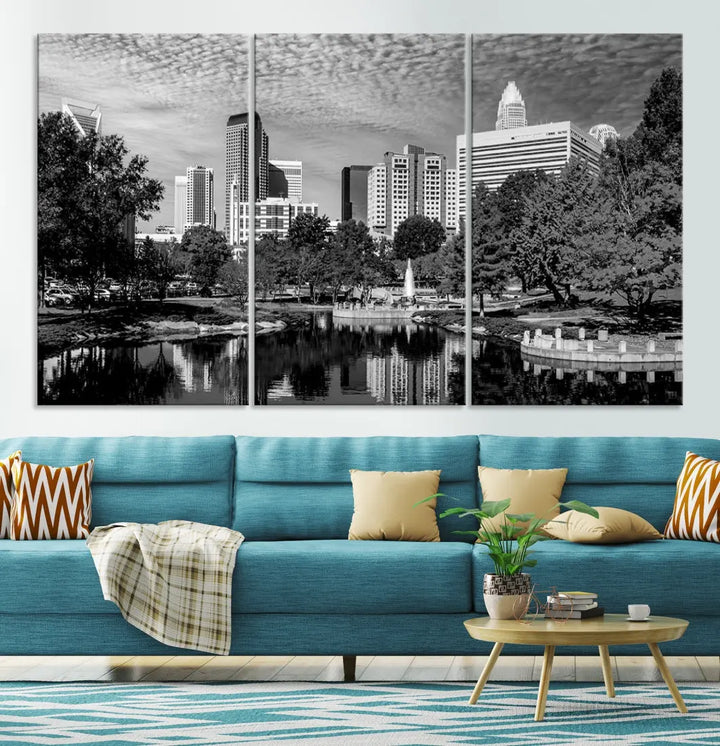 Black and White Charlotte City Cloudy Skyline Canvas Art Print Wall Decor