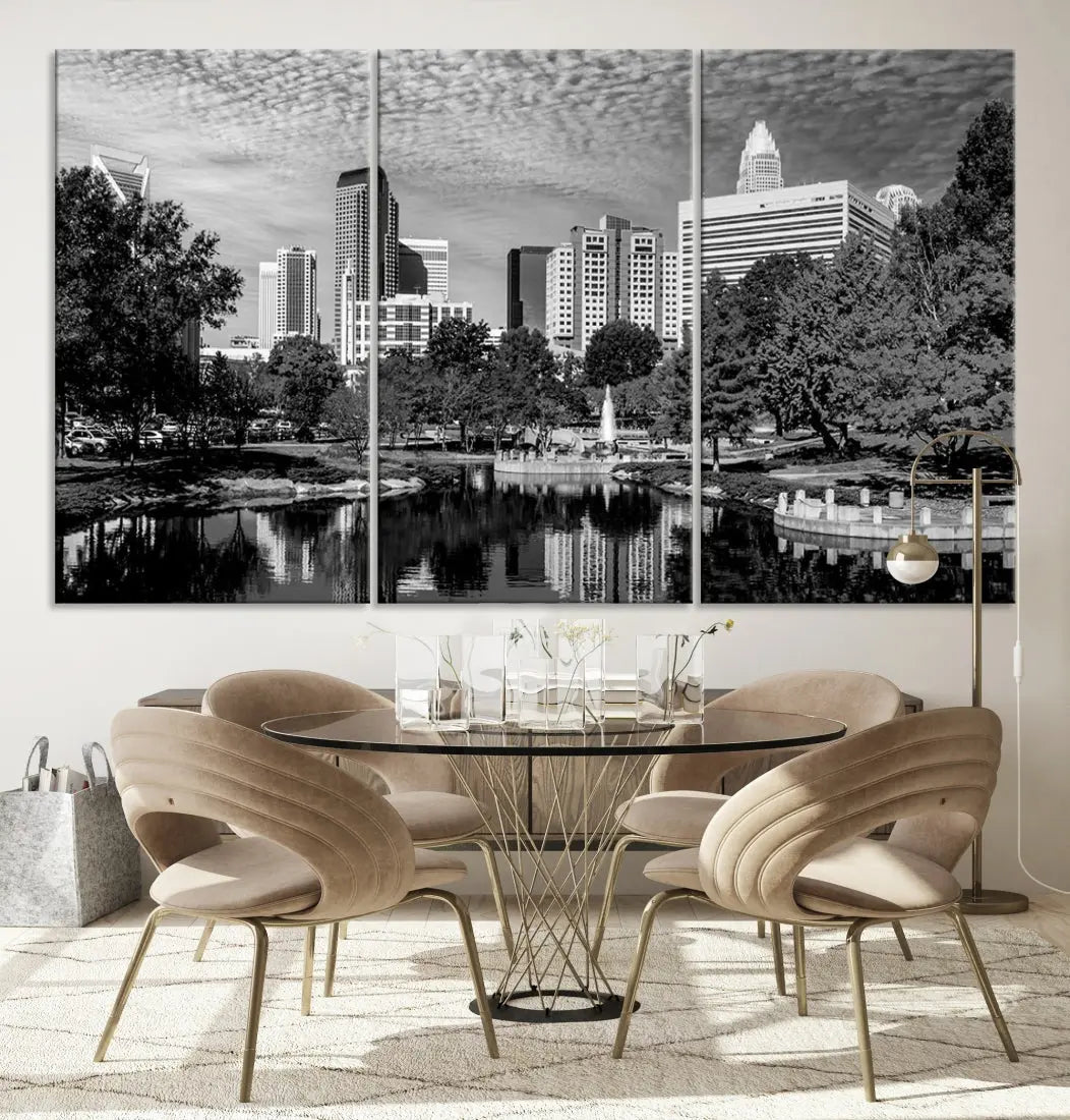 Black and White Charlotte City Cloudy Skyline Canvas Art Print Wall Decor