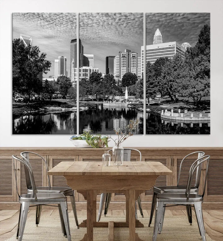 Black and White Charlotte City Cloudy Skyline Canvas Art Print Wall Decor