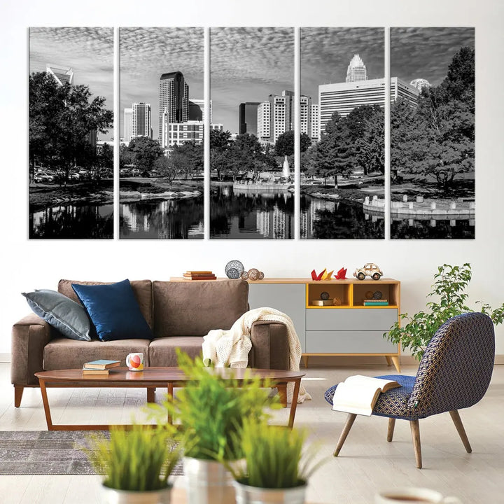 Black and White Charlotte City Cloudy Skyline Canvas Art Print Wall Decor