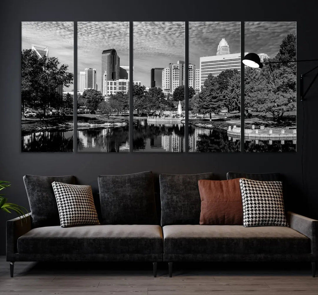 Black and White Charlotte City Cloudy Skyline Canvas Art Print Wall Decor