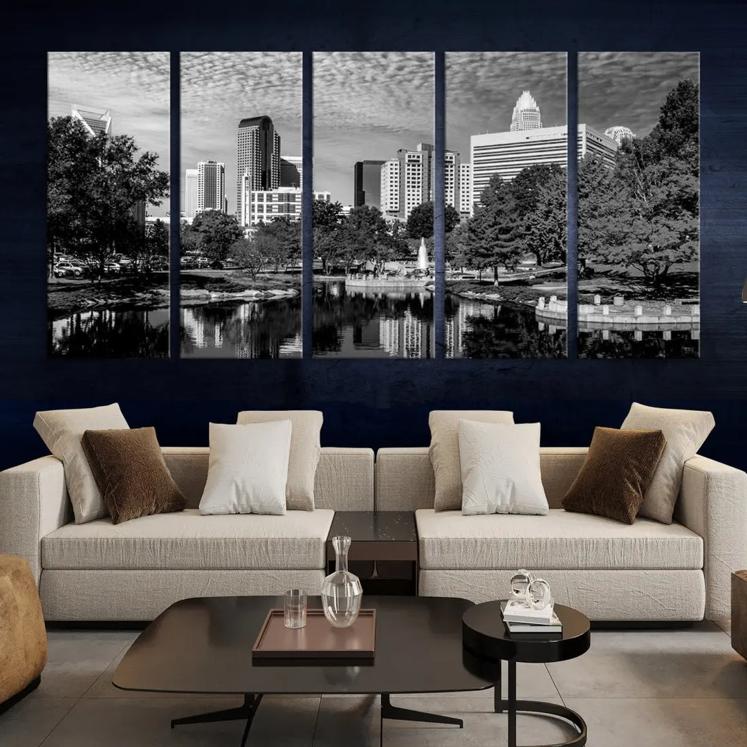 Black and White Charlotte City Cloudy Skyline Canvas Art Print Wall Decor