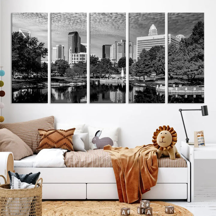 Black and White Charlotte City Cloudy Skyline Canvas Art Print Wall Decor