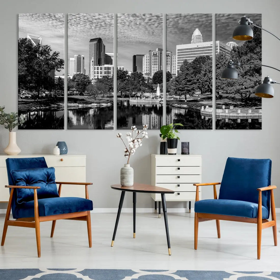 Black and White Charlotte City Cloudy Skyline Canvas Art Print Wall Decor