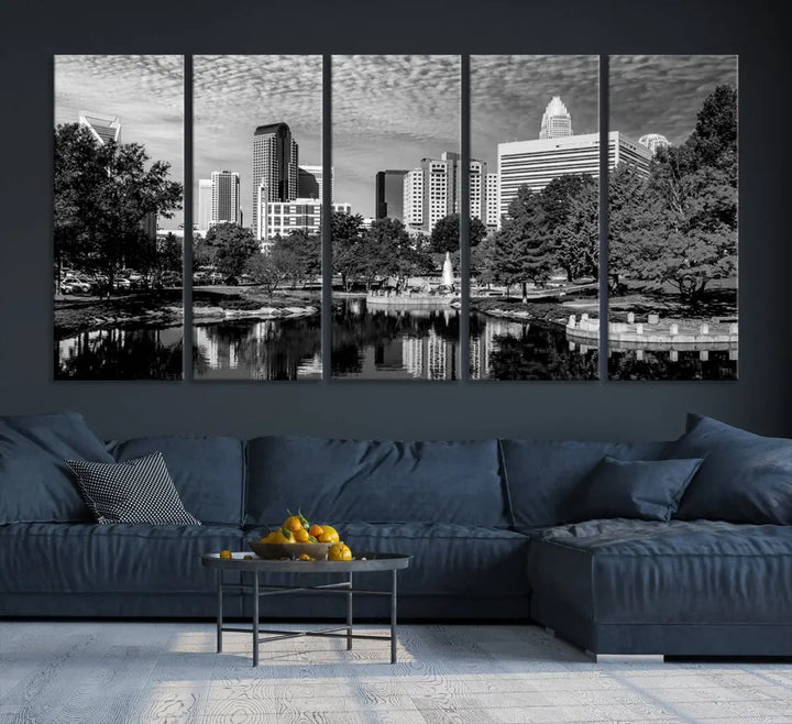 Black and White Charlotte City Cloudy Skyline Canvas Art Print Wall Decor