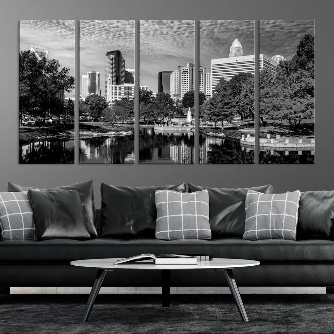 Black and White Charlotte City Cloudy Skyline Canvas Art Print Wall Decor