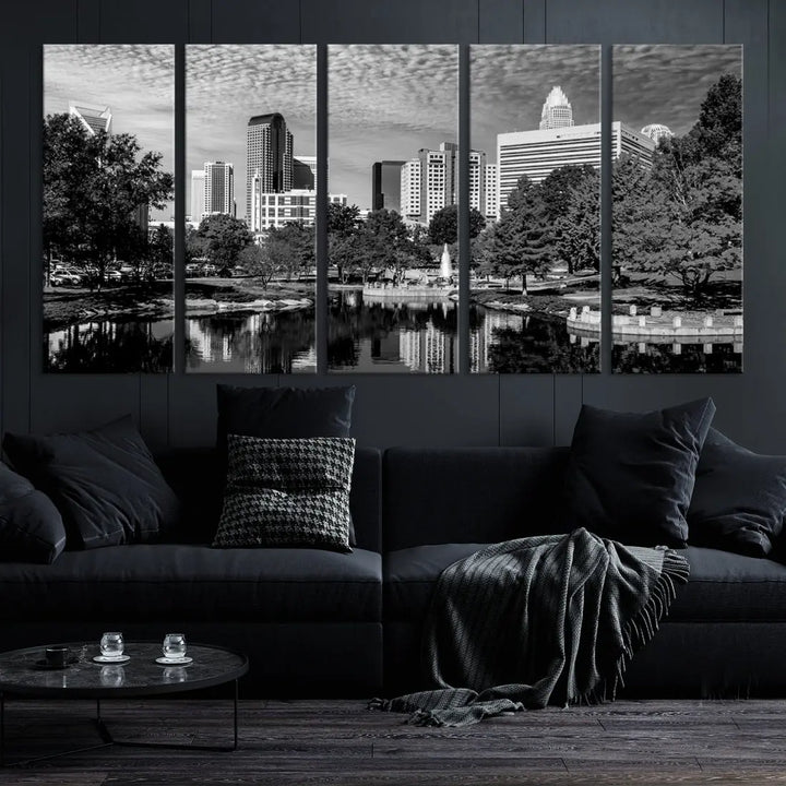 Black and White Charlotte City Cloudy Skyline Canvas Art Print Wall Decor