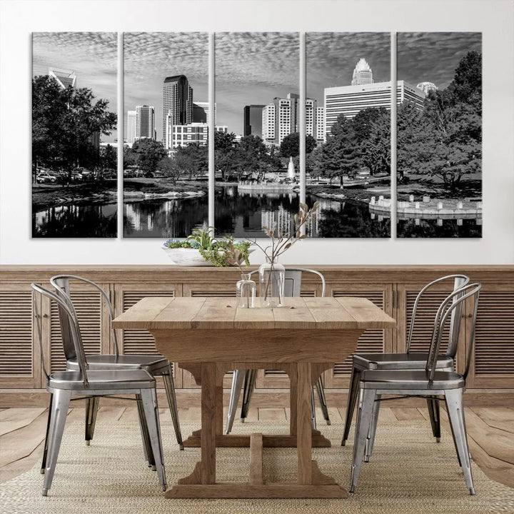 Black and White Charlotte City Cloudy Skyline Canvas Art Print Wall Decor