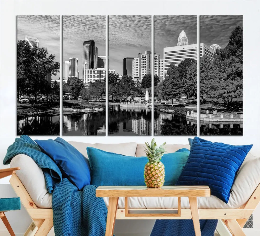 Black and White Charlotte City Cloudy Skyline Canvas Art Print Wall Decor