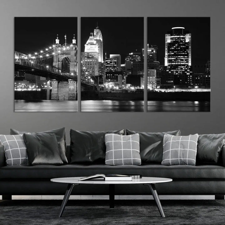 Black and White Cincinnati Bridge Cityscape Wall Art Print Canvas Wall Decor