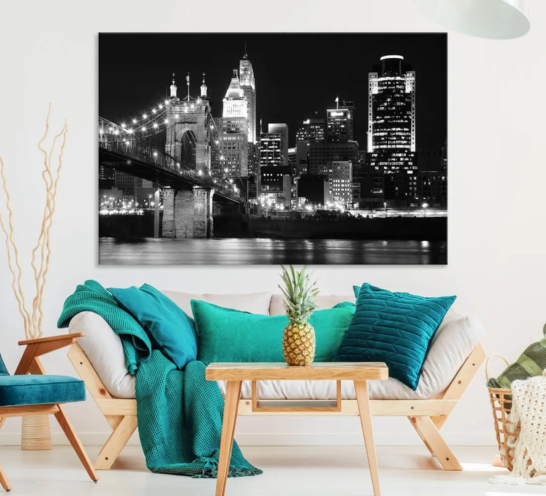 Black and White Cincinnati Bridge Cityscape Wall Art Print Canvas Wall Decor