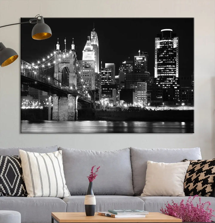 Black and White Cincinnati Bridge Cityscape Wall Art Print Canvas Wall Decor