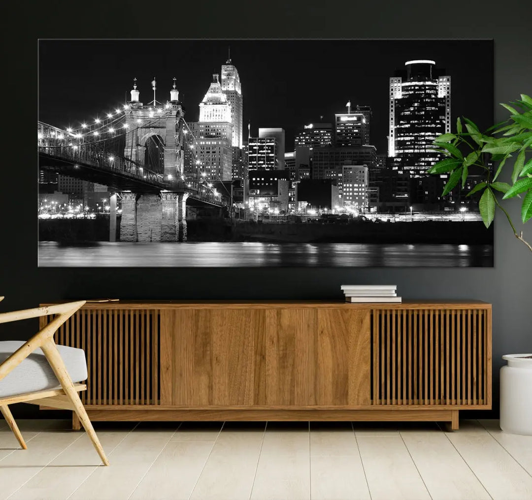 Black and White Cincinnati Bridge Cityscape Wall Art Print Canvas Wall Decor