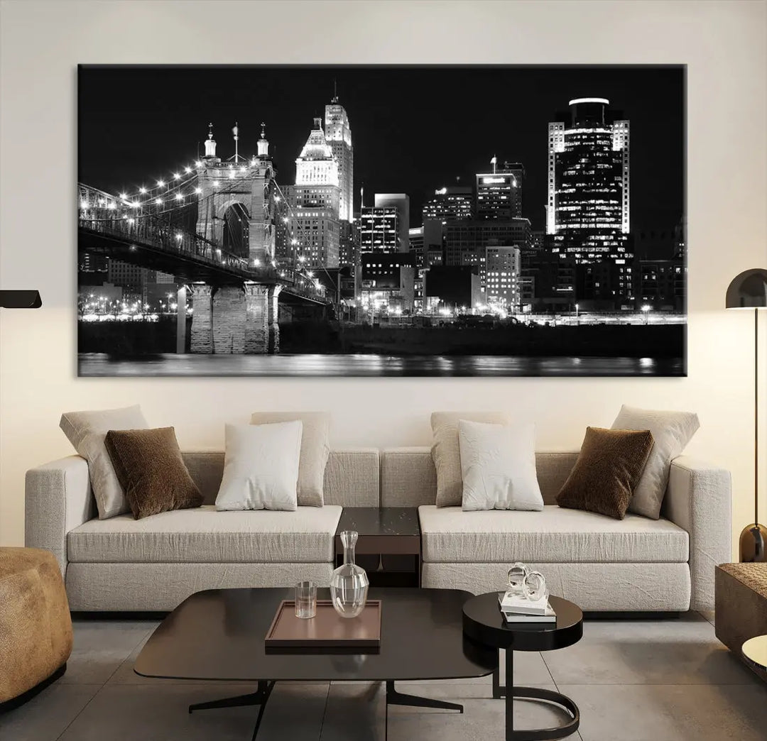 Black and White Cincinnati Bridge Cityscape Wall Art Print Canvas Wall Decor